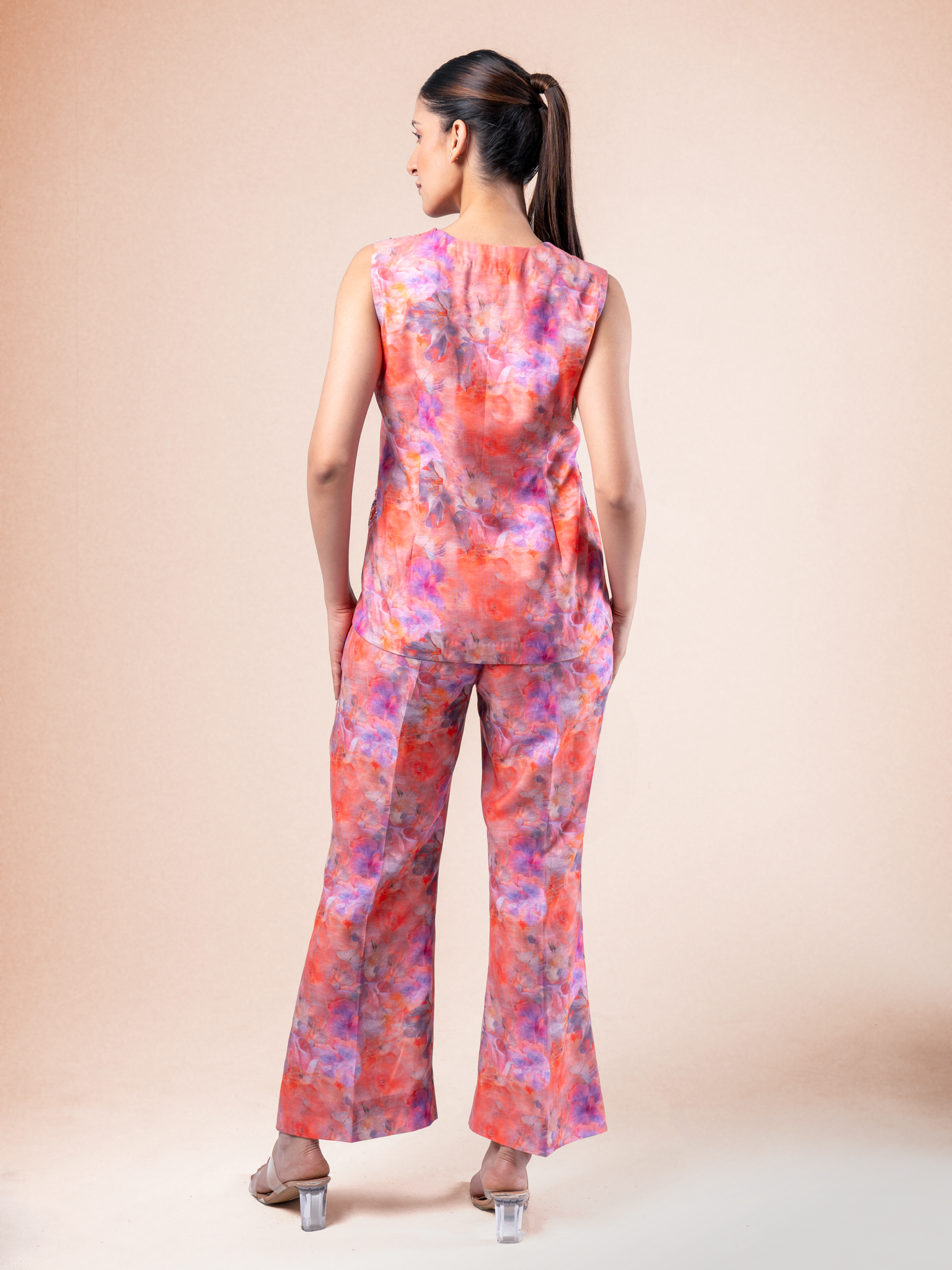 Watercolour Bloom Printed Linen Waistcoat Coord Set