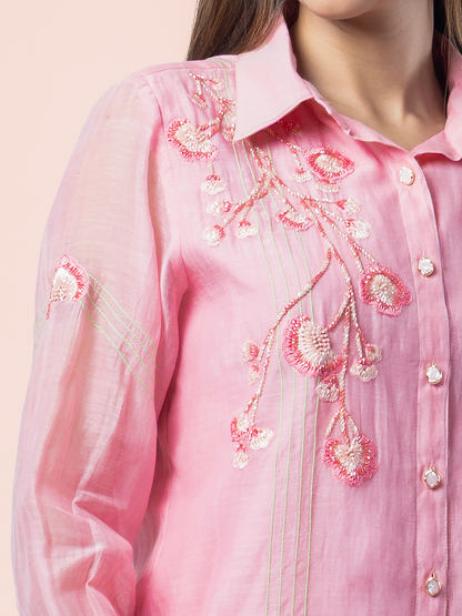 Blush Pink Mulmul Chanderi 3D Floral Hand Embroidered Coord Set