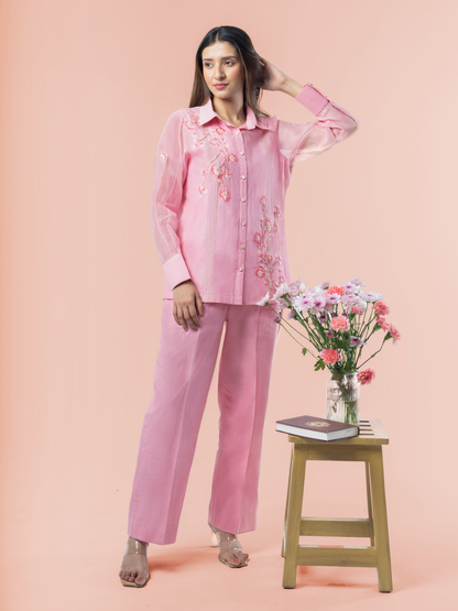 Blush Pink Mulmul Chanderi 3D Floral Hand Embroidered Coord Set