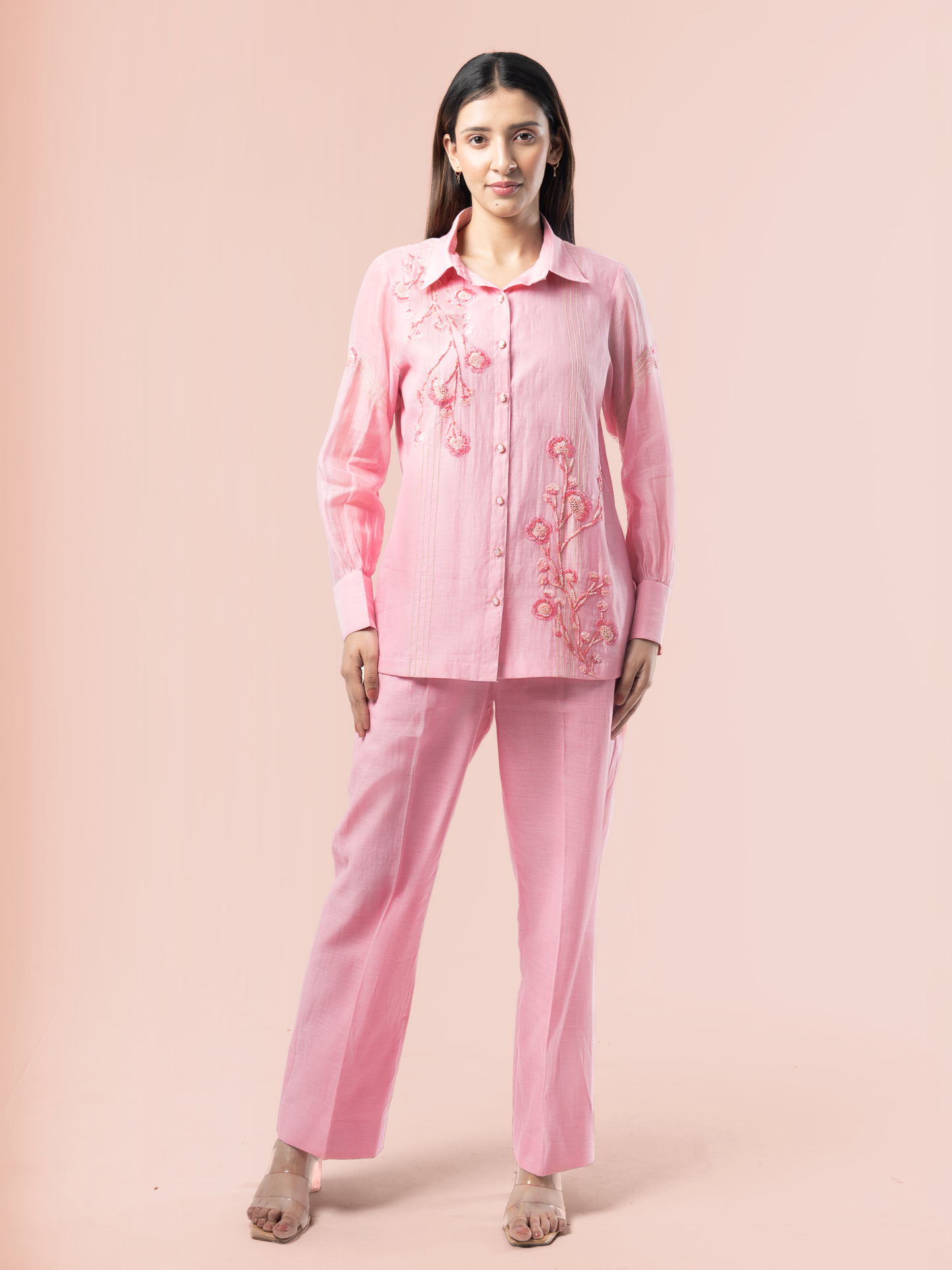 Blush Pink Mulmul Chanderi 3D Floral Hand Embroidered Coord Set