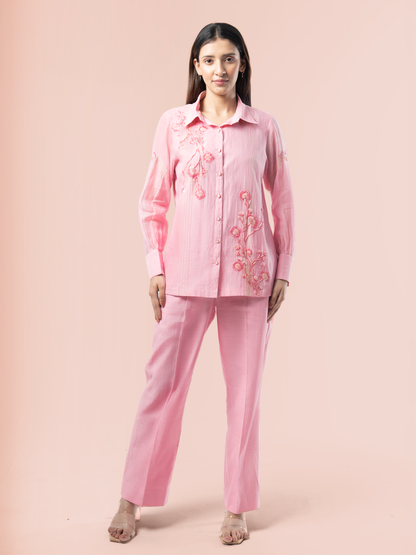 Blush Pink Mulmul Chanderi 3D Floral Hand Embroidered Coord Set