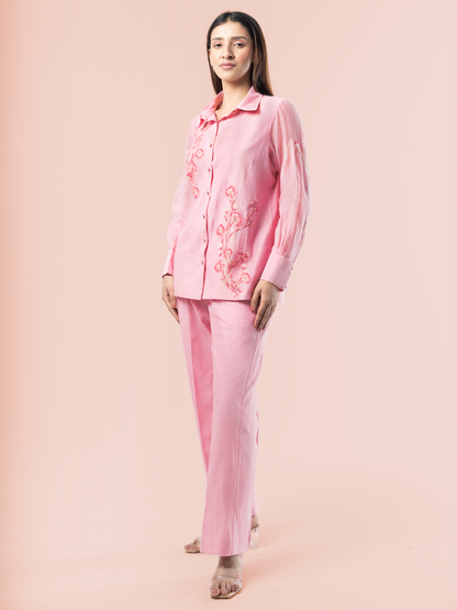 Blush Pink Mulmul Chanderi 3D Floral Hand Embroidered Coord Set