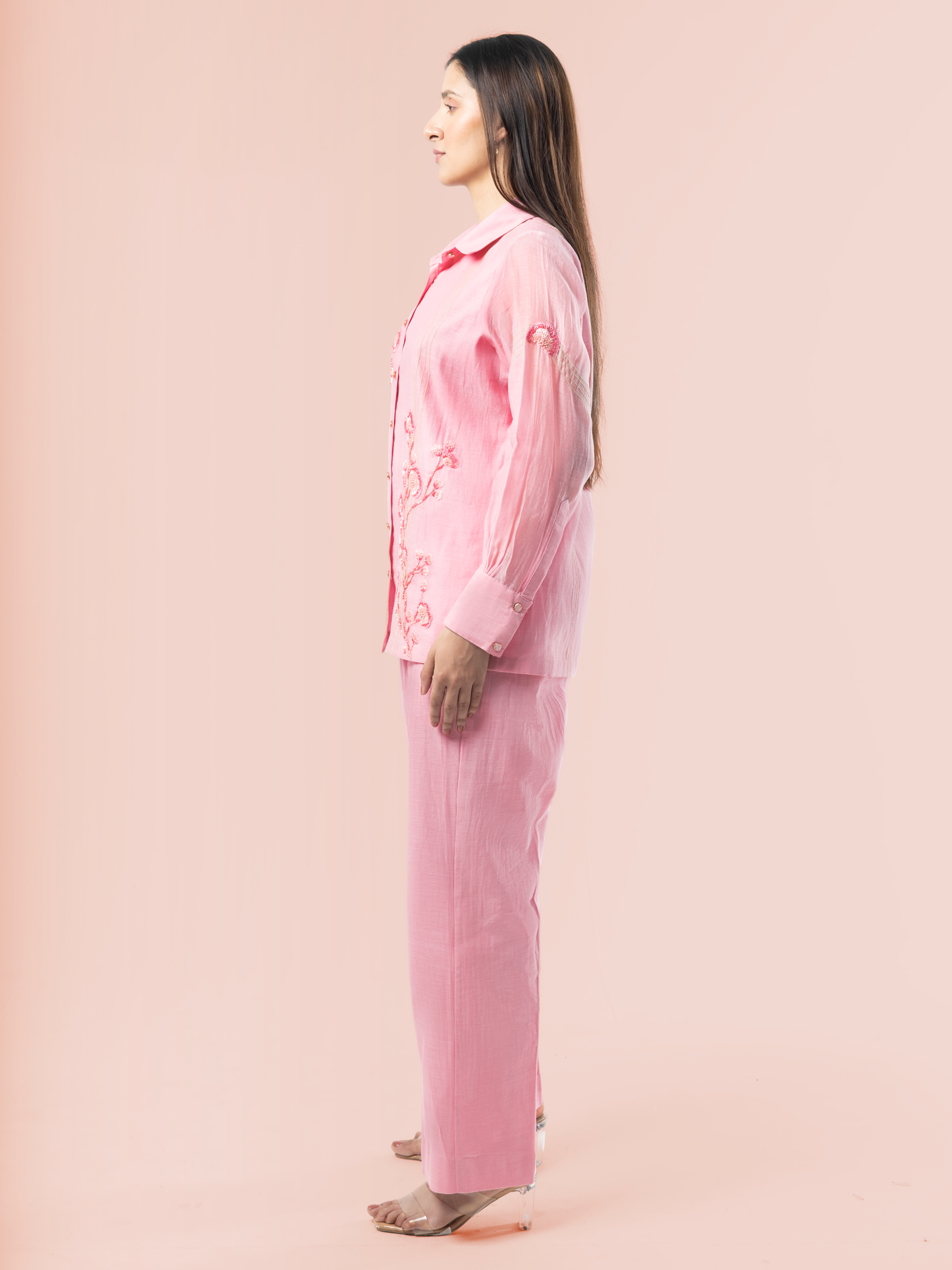 Blush Pink Mulmul Chanderi 3D Floral Hand Embroidered Coord Set