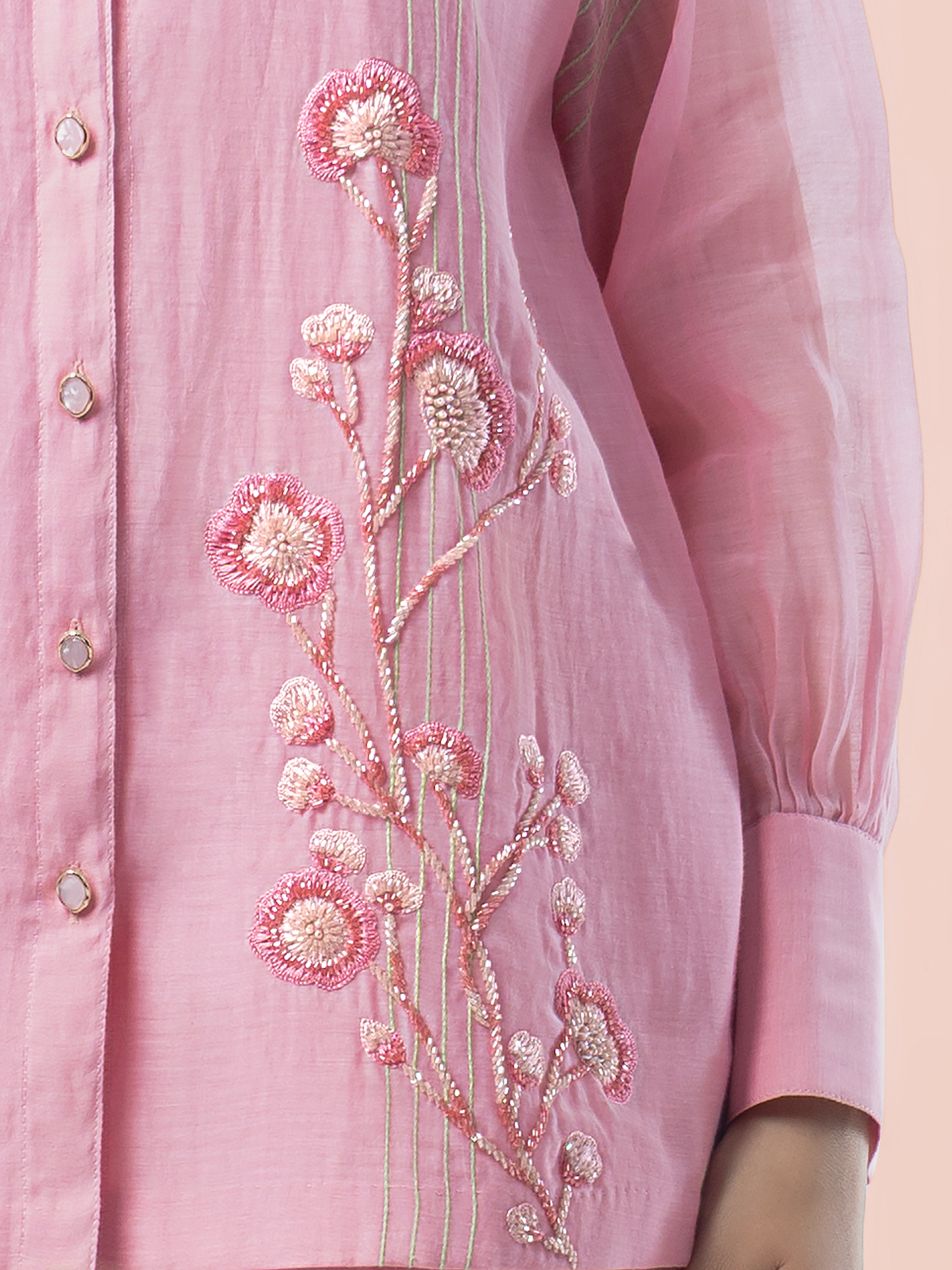 Blush Pink Mulmul Chanderi 3D Floral Hand Embroidered Coord Set