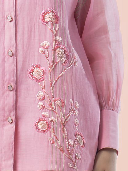 Blush Pink Mulmul Chanderi 3D Floral Hand Embroidered Coord Set