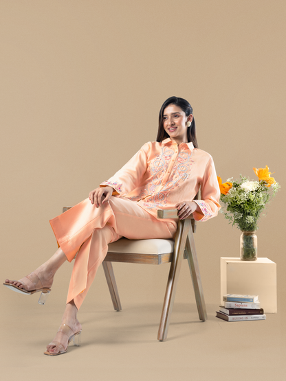 Peach Chanderi Multicolour Hand Embroidered Coord Set