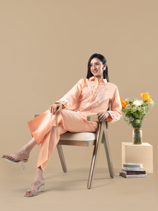 Peach Chanderi Multicolour Hand Embroidered Coord Set