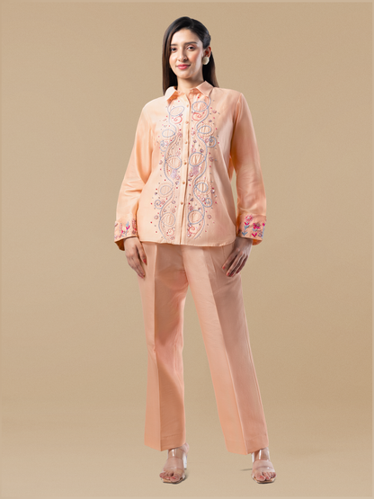 Peach Chanderi Multicolour Hand Embroidered Coord Set