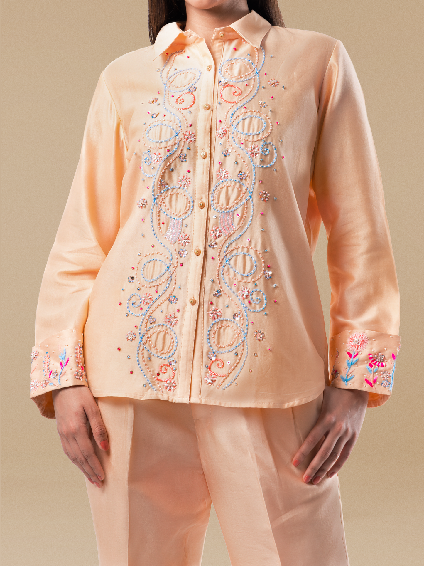 Peach Chanderi Multicolour Hand Embroidered Coord Set