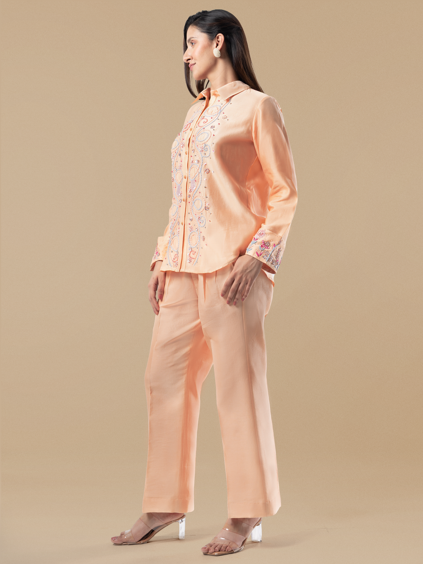 Peach Chanderi Multicolour Hand Embroidered Coord Set