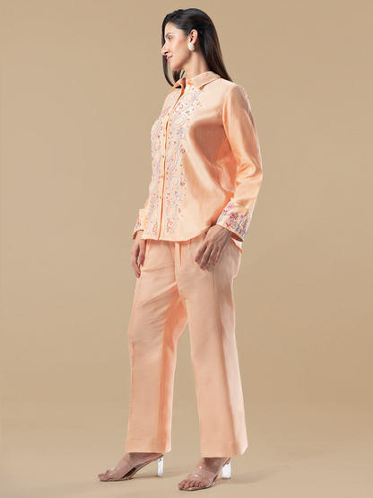Peach Chanderi Multicolour Hand Embroidered Coord Set