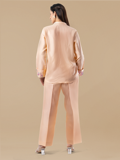 Peach Chanderi Multicolour Hand Embroidered Coord Set