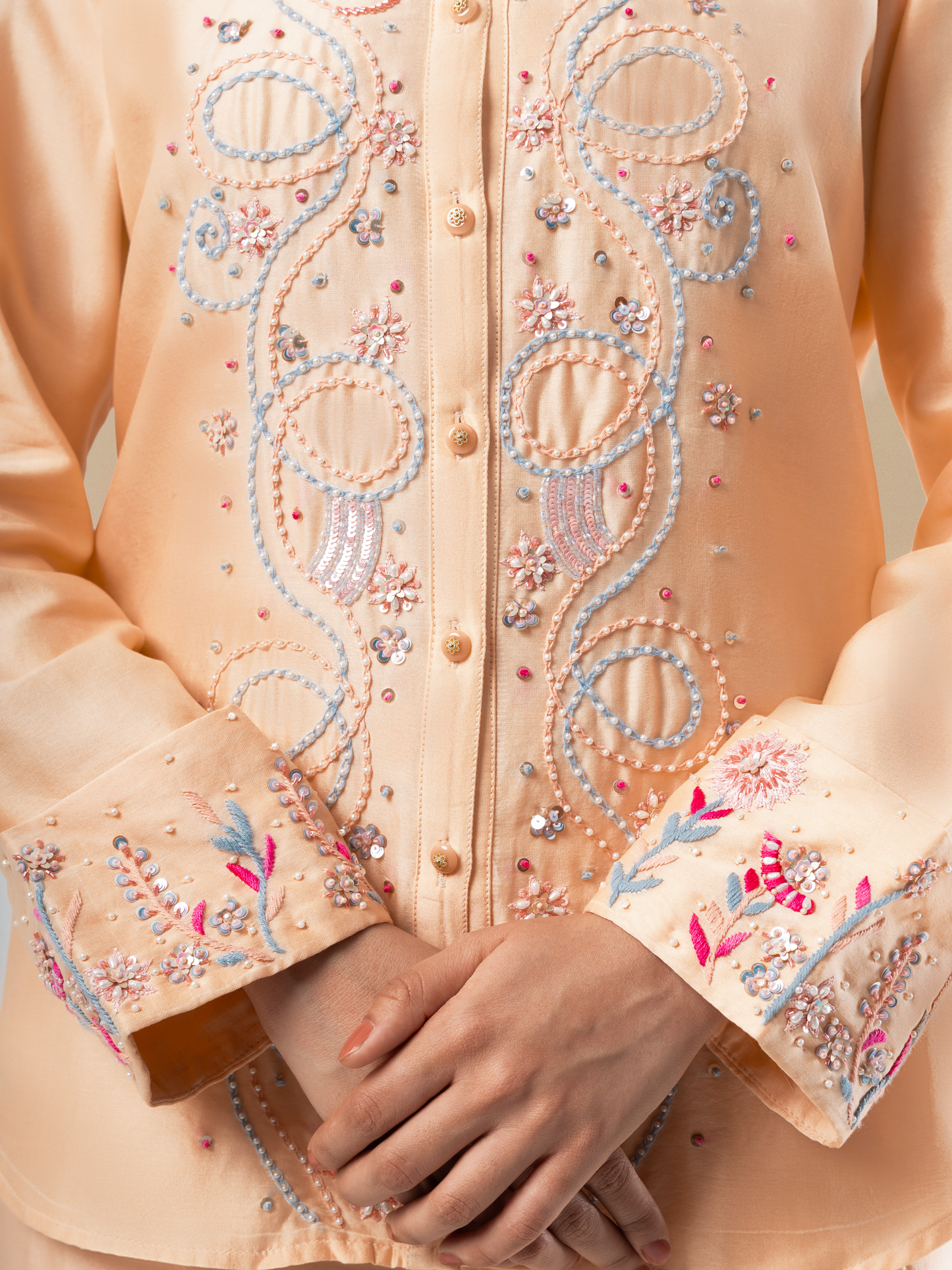 Peach Chanderi Multicolour Hand Embroidered Coord Set