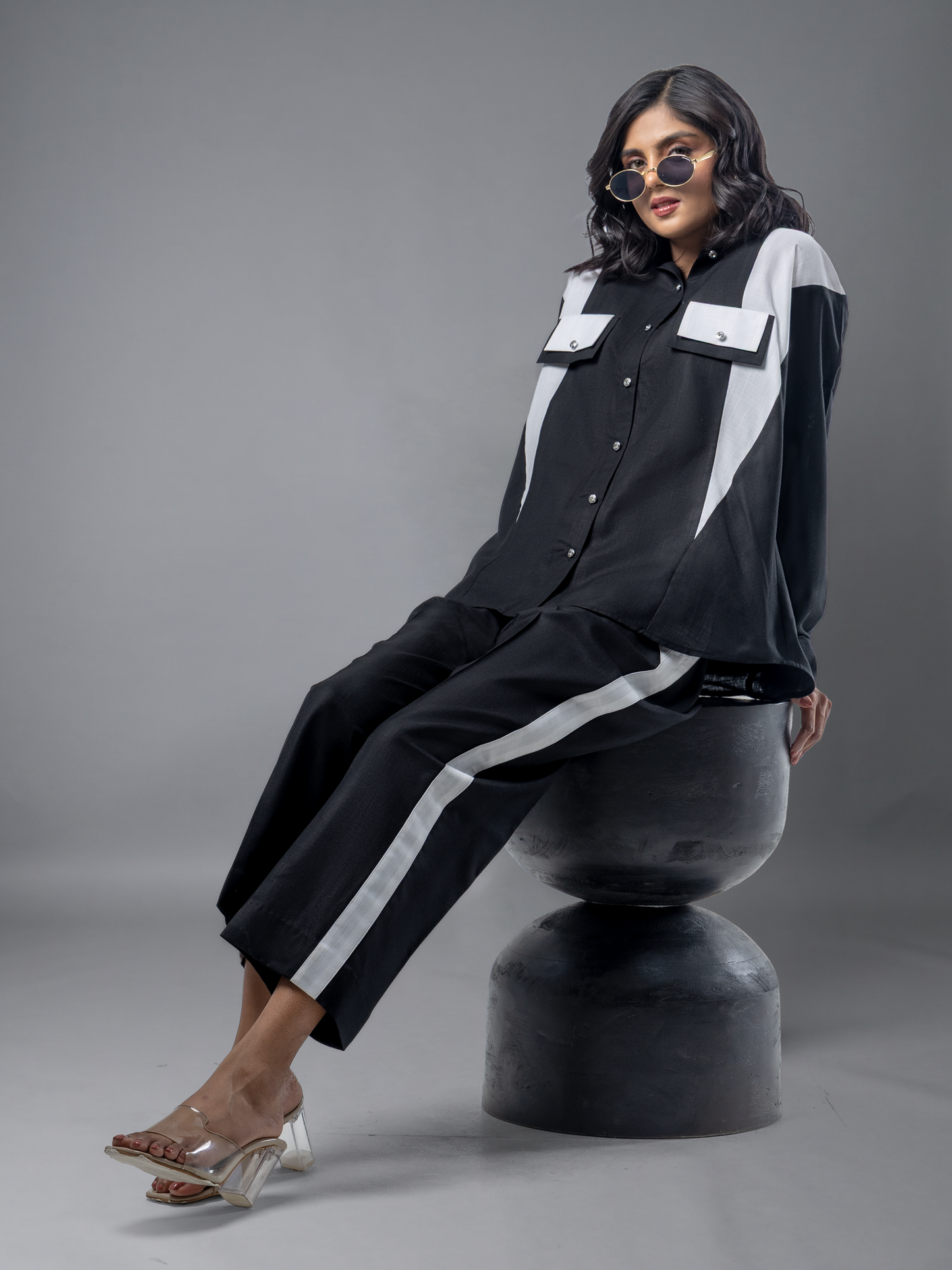 Black & White Geometric Colour Block Oversized Linen Coord Set