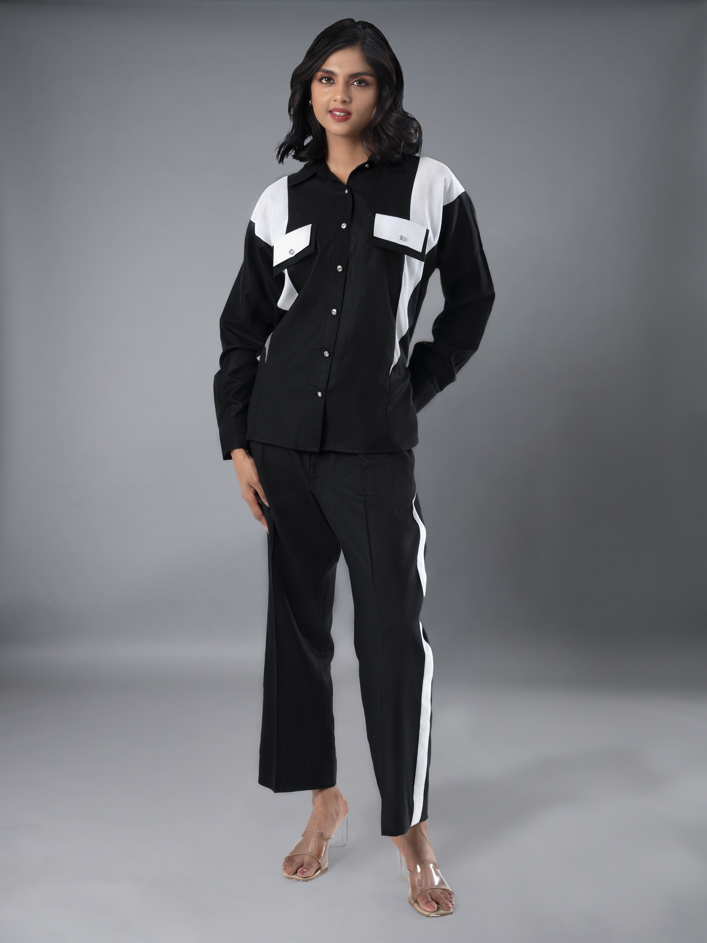 Black & White Geometric Colour Block Oversized Linen Coord Set