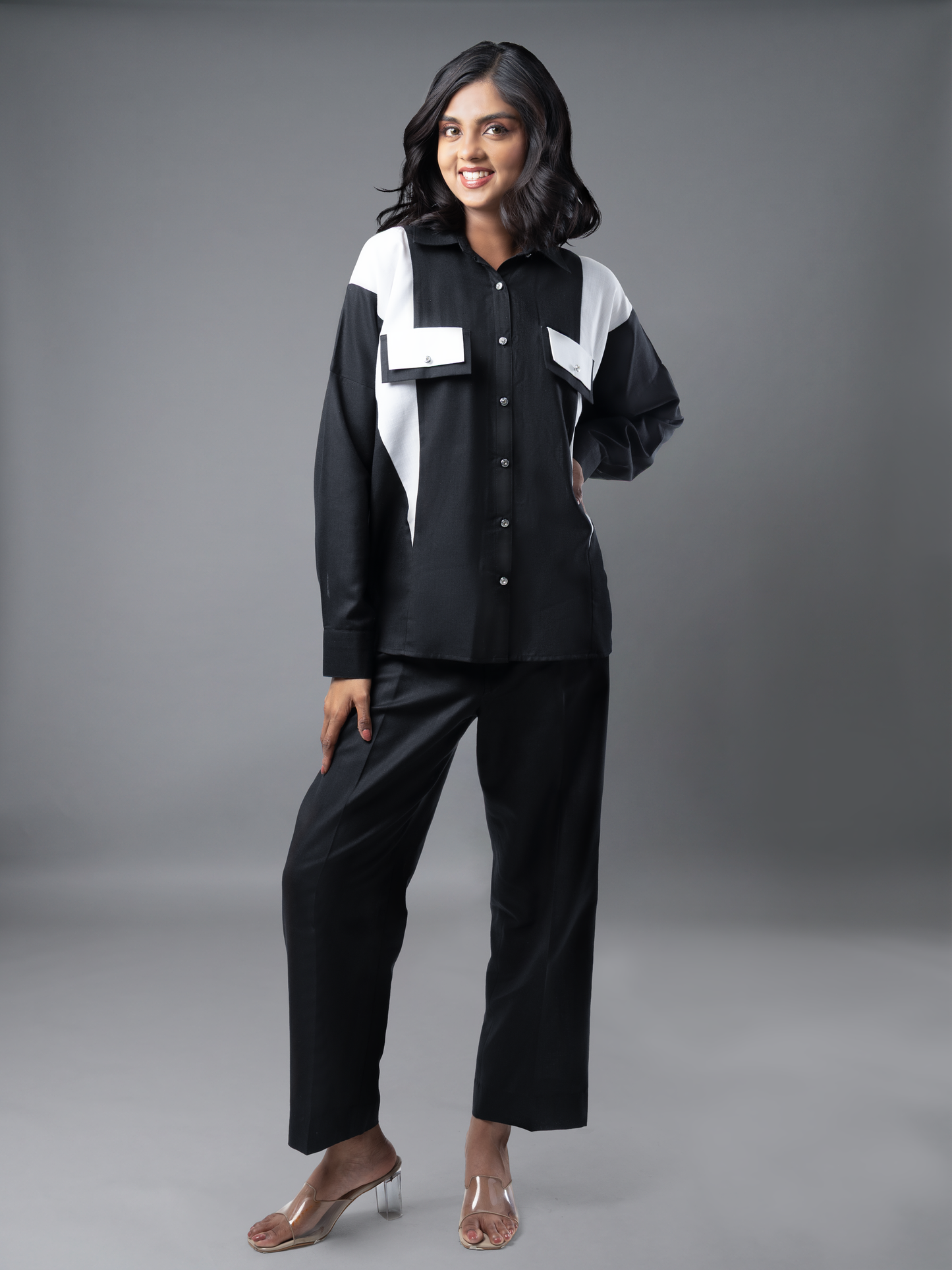 Black & White Geometric Colour Block Oversized Linen Coord Set