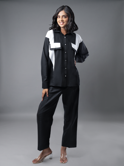 Black & White Geometric Colour Block Oversized Linen Coord Set