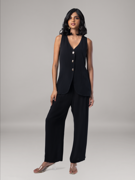 Black Fluid Waistcoat Georgette Coord Set