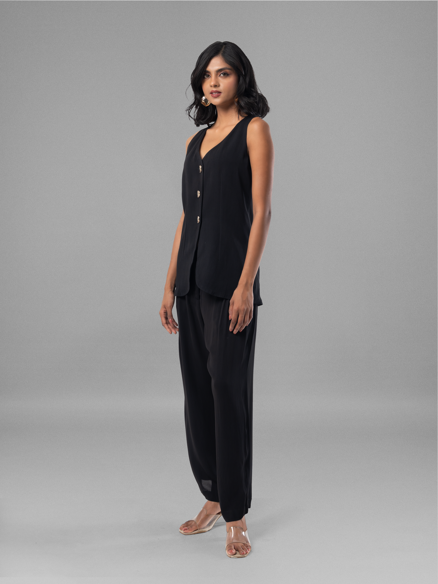 Black Fluid Waistcoat Georgette Coord Set