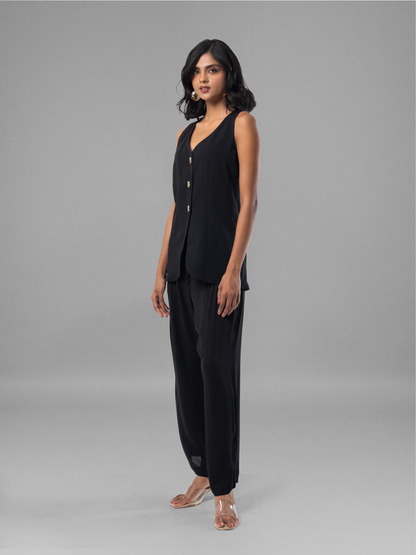 Black Fluid Waistcoat Georgette Coord Set