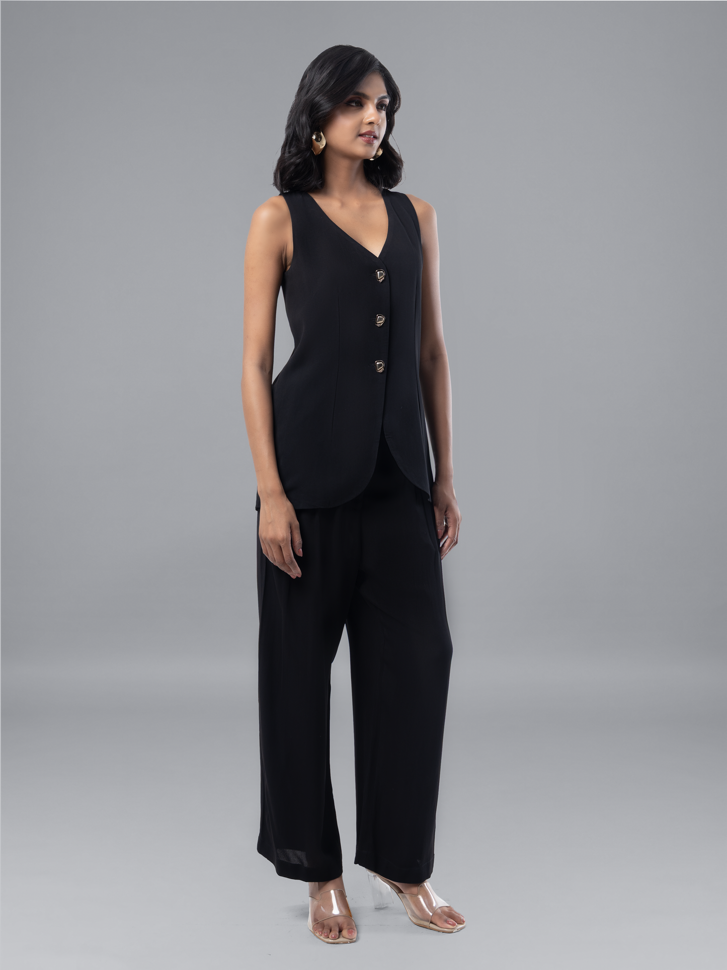 Black Fluid Waistcoat Georgette Coord Set