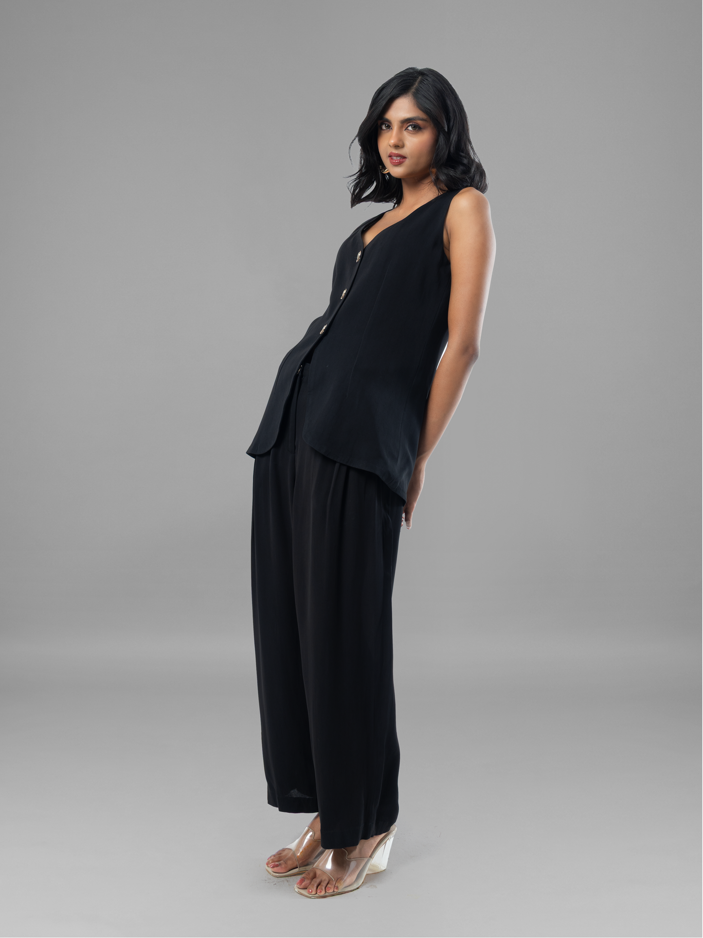 Black Fluid Waistcoat Georgette Coord Set
