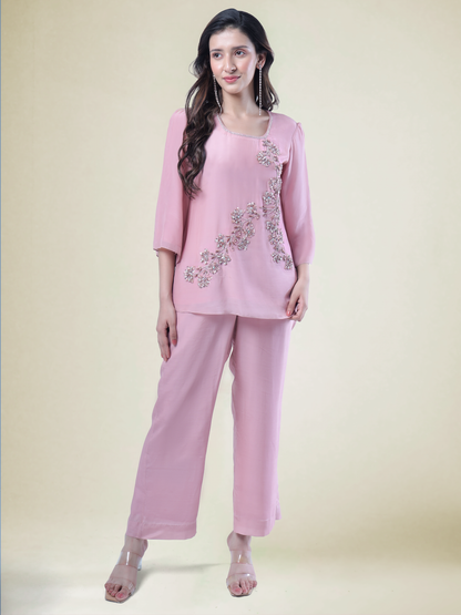 Soft Pink Crystal Floral Vine Embroidered Crepe Coord Set