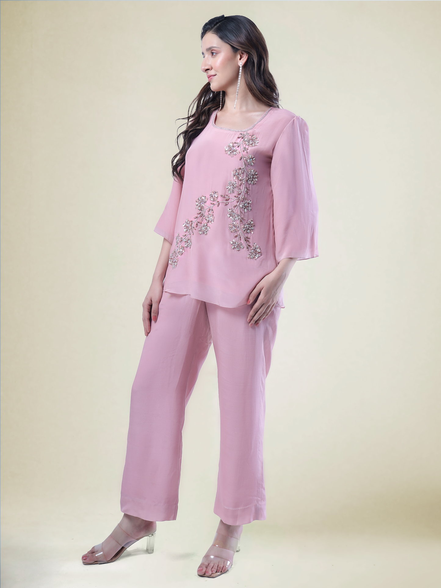 Soft Pink Crystal Floral Vine Embroidered Crepe Coord Set