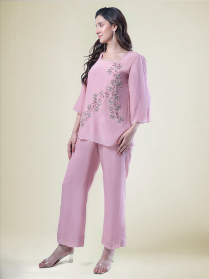 Soft Pink Crystal Floral Vine Embroidered Crepe Coord Set