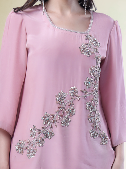 Soft Pink Crystal Floral Vine Embroidered Crepe Coord Set