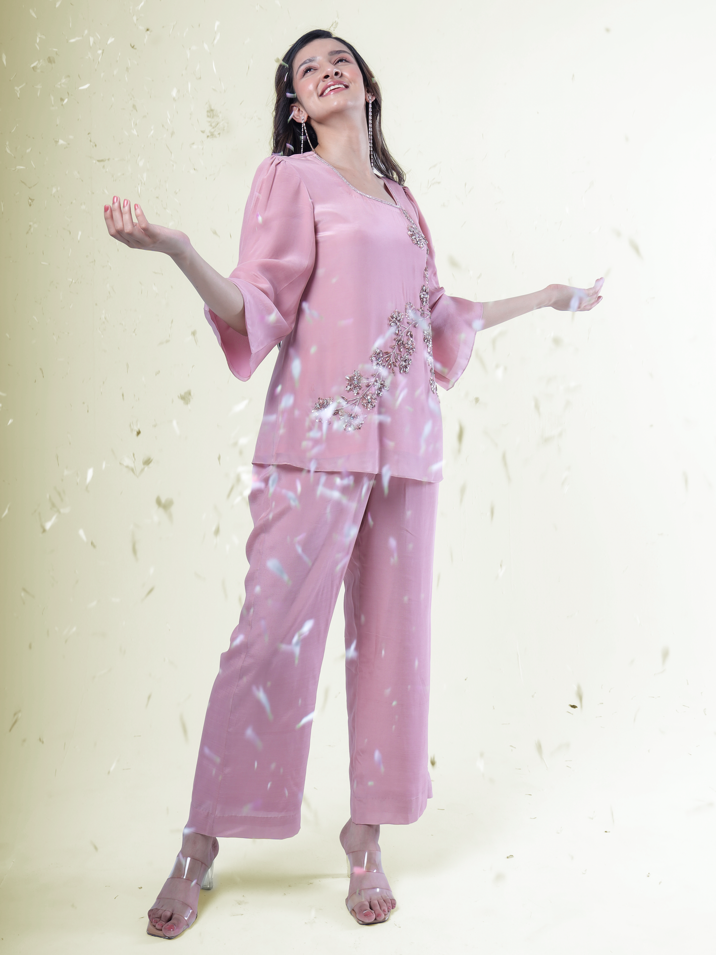 Soft Pink Crystal Floral Vine Embroidered Crepe Coord Set