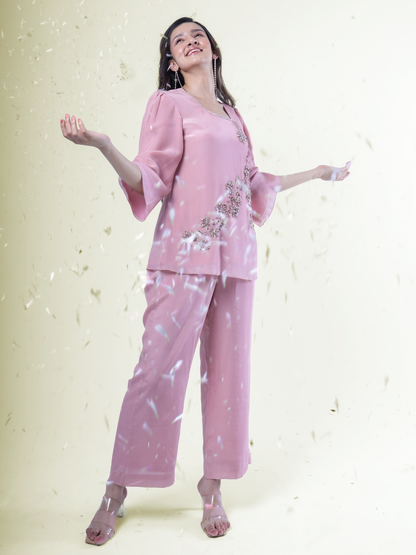 Soft Pink Crystal Floral Vine Embroidered Crepe Coord Set