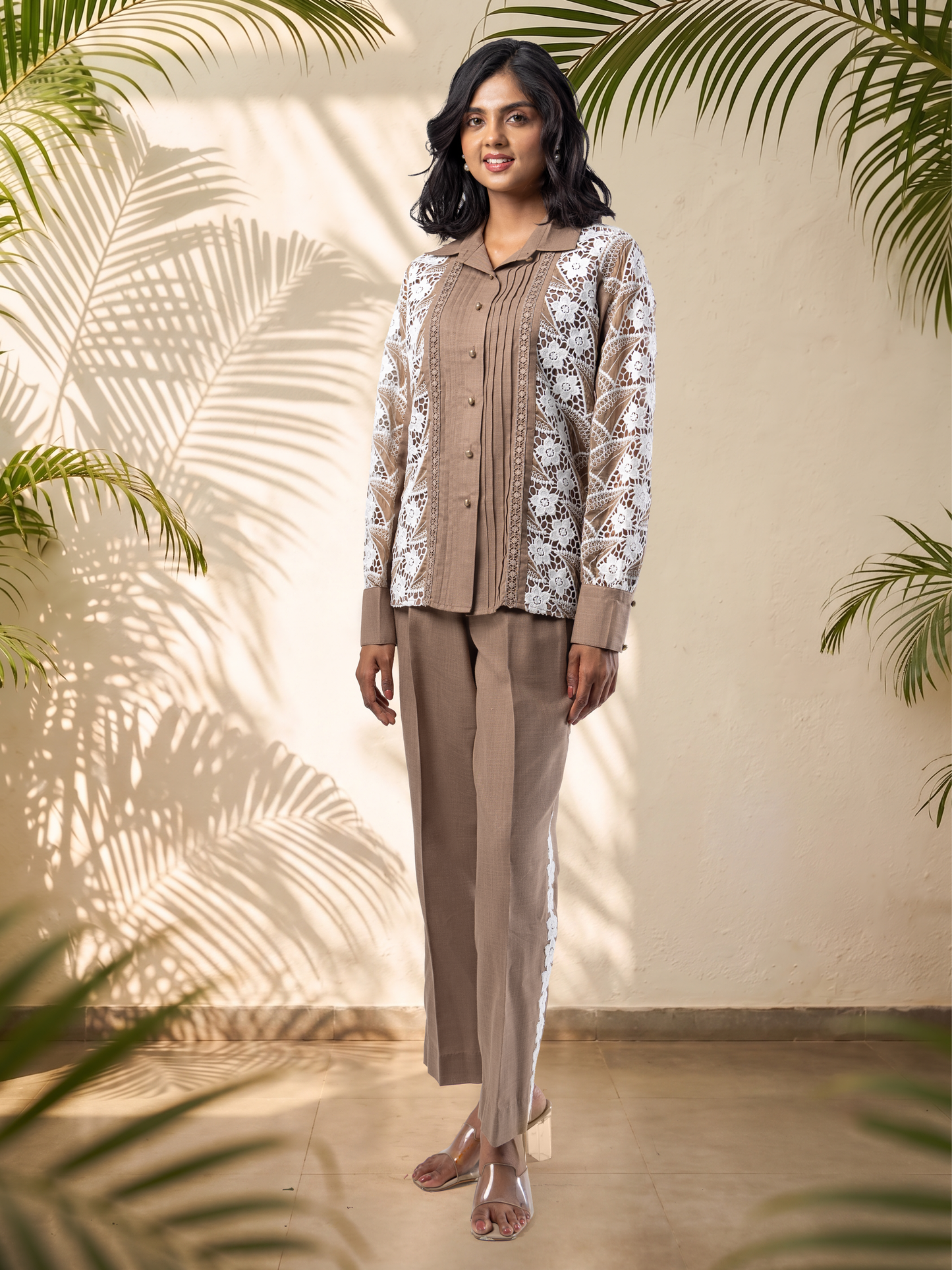 Mocha & White Premium Lace Panel Linen Coord Set