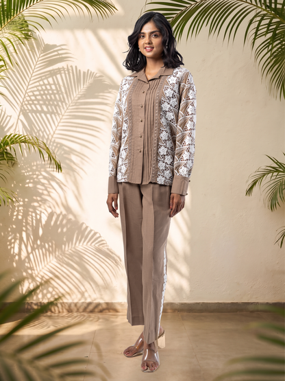 Mocha & White Premium Lace Panel Linen Coord Set