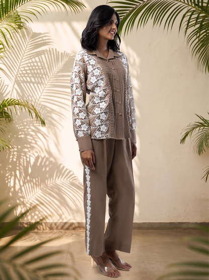 Mocha & White Premium Lace Panel Linen Coord Set