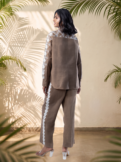 Mocha & White Premium Lace Panel Linen Coord Set