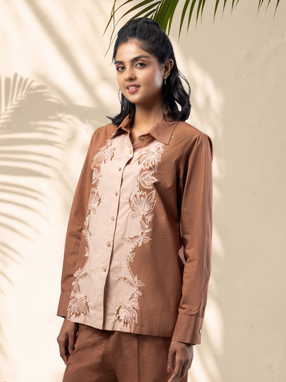Coffee & Mocha Colour Block Floral Panel Embroidered Coord Set