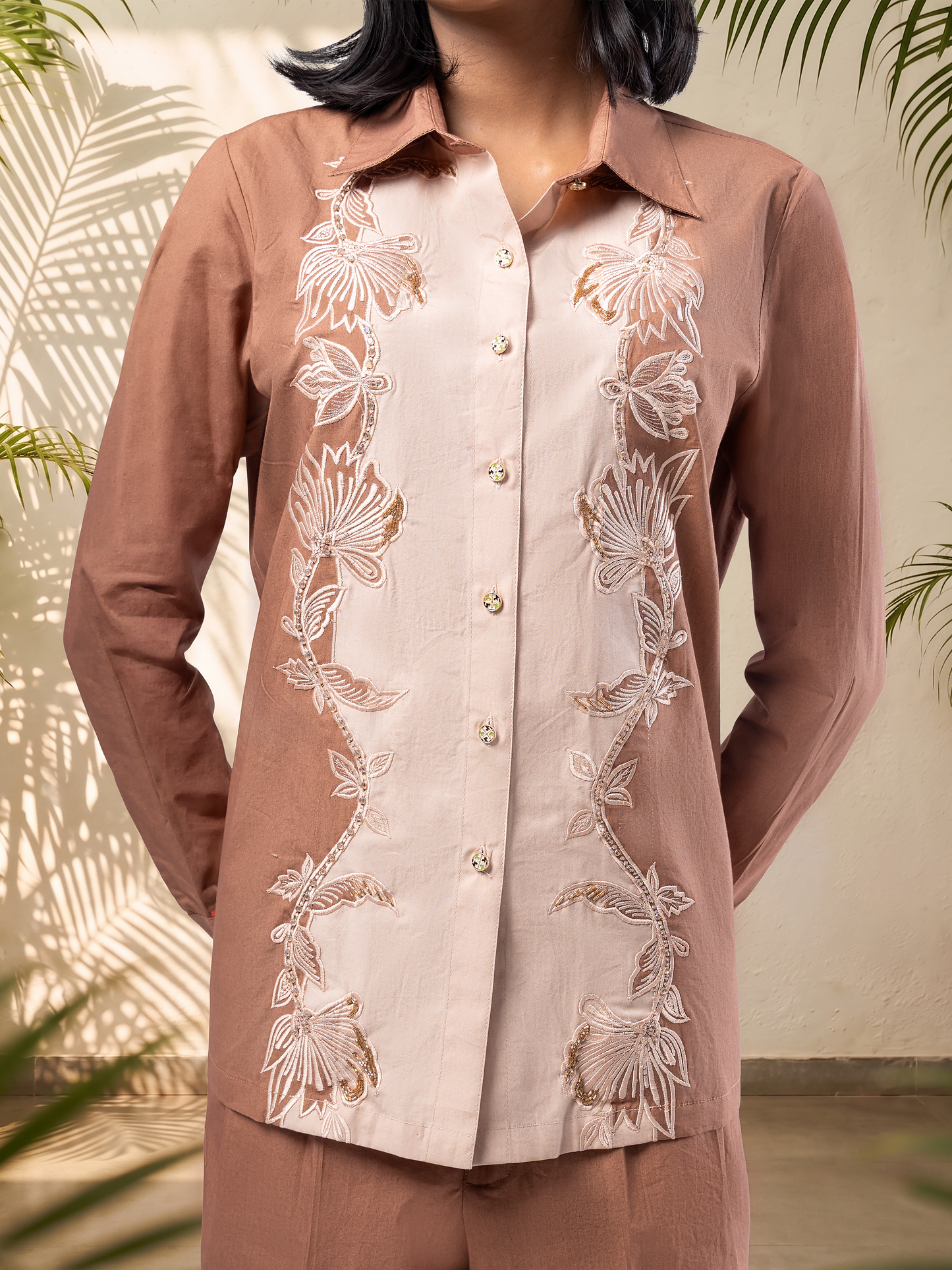 Coffee & Mocha Colour Block Floral Panel Embroidered Coord Set