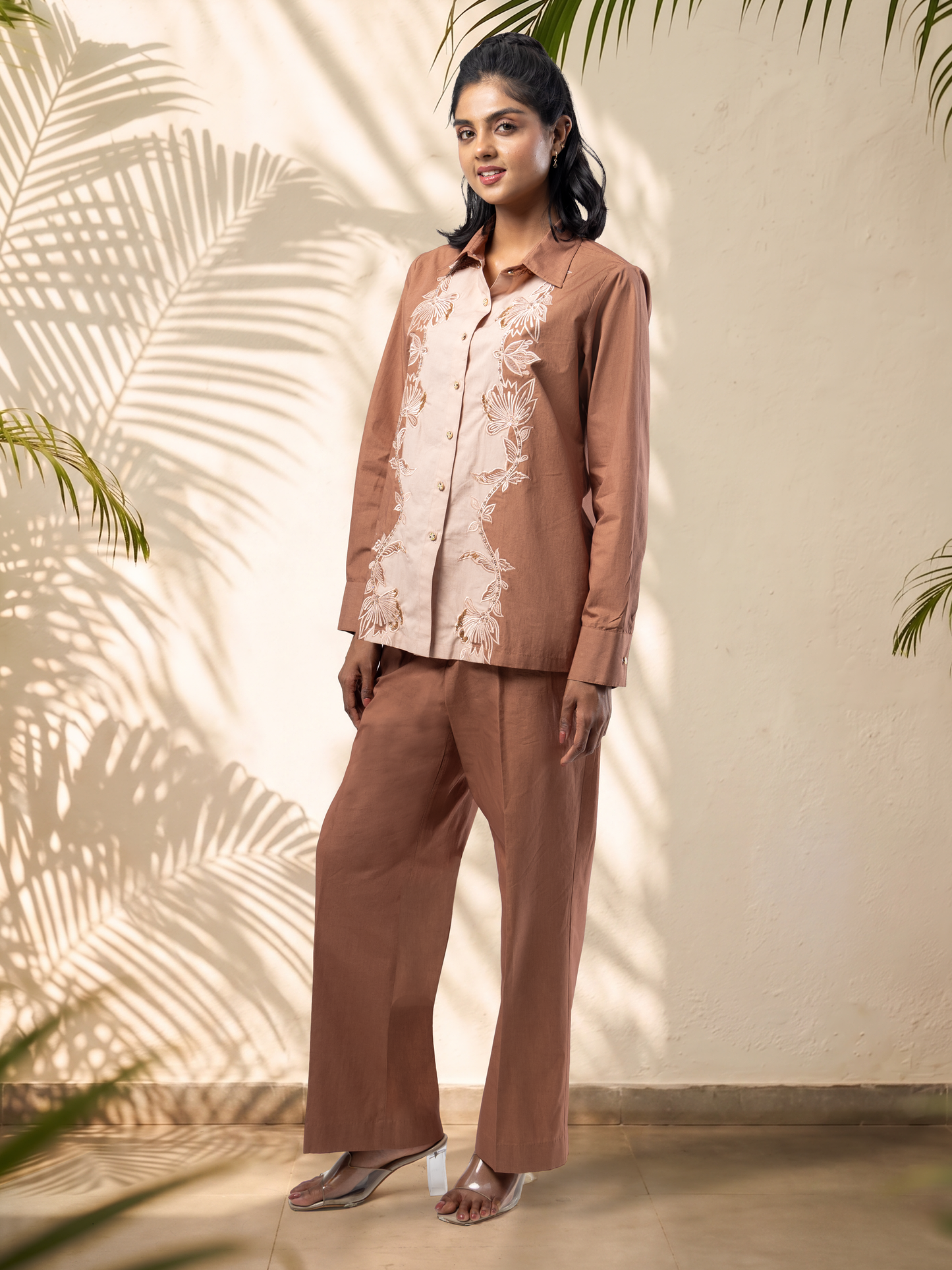 Coffee & Mocha Colour Block Floral Panel Embroidered Coord Set