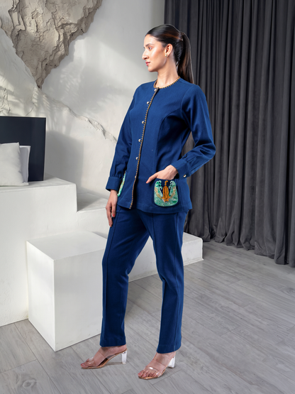 Navy Tiger French Knot Pocket Stretch Denim Coord Set