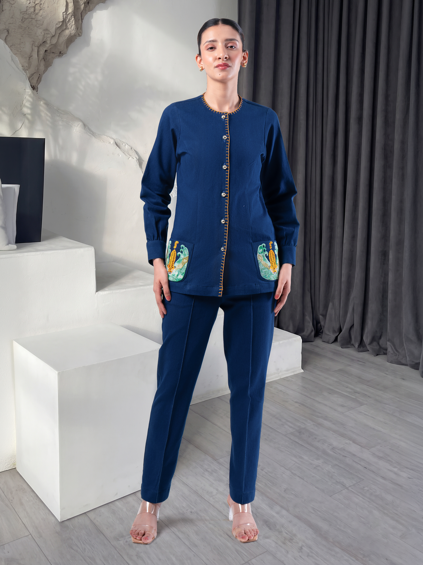 Navy Tiger French Knot Pocket Stretch Denim Coord Set
