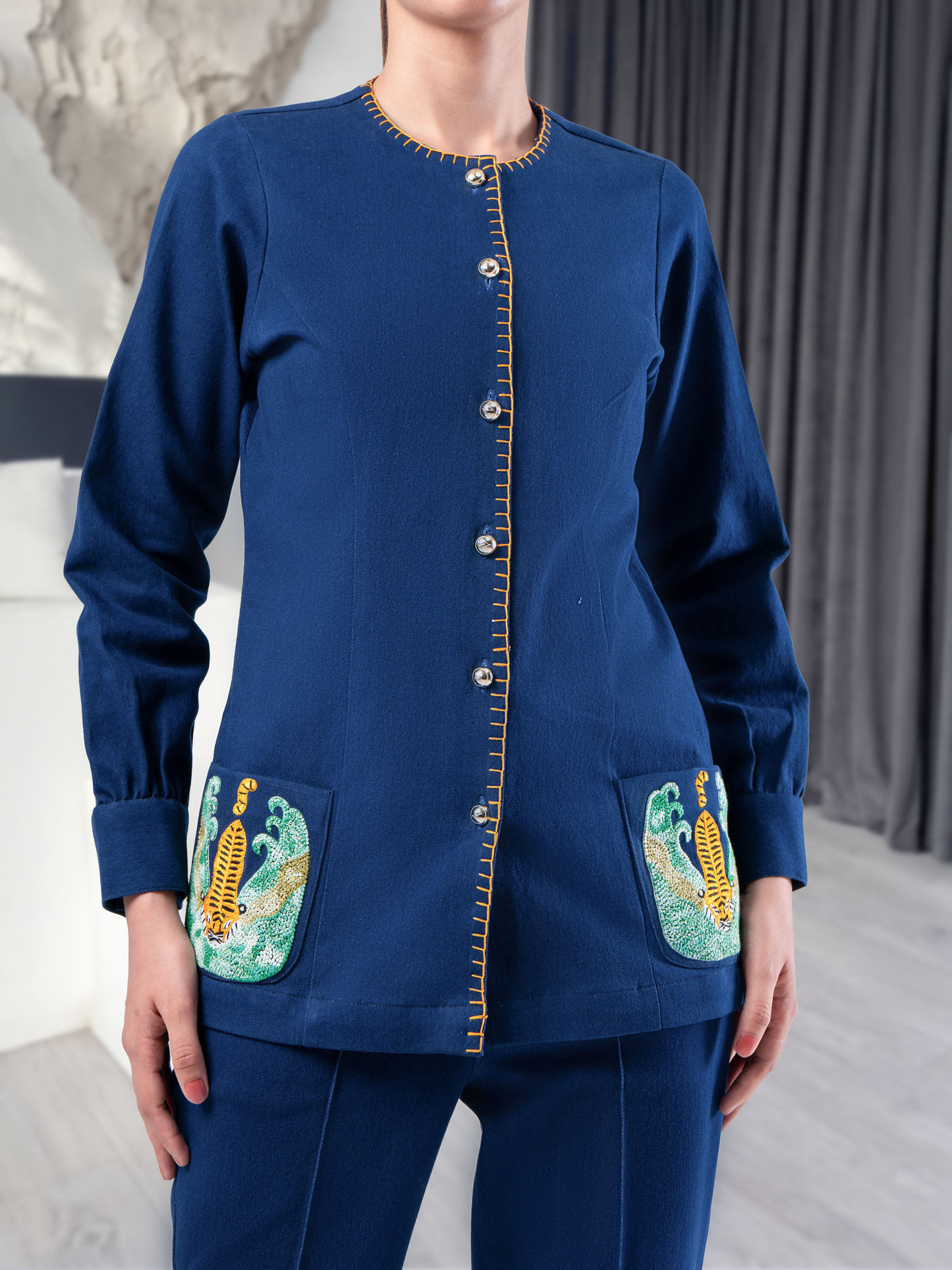 Navy Tiger French Knot Pocket Stretch Denim Coord Set