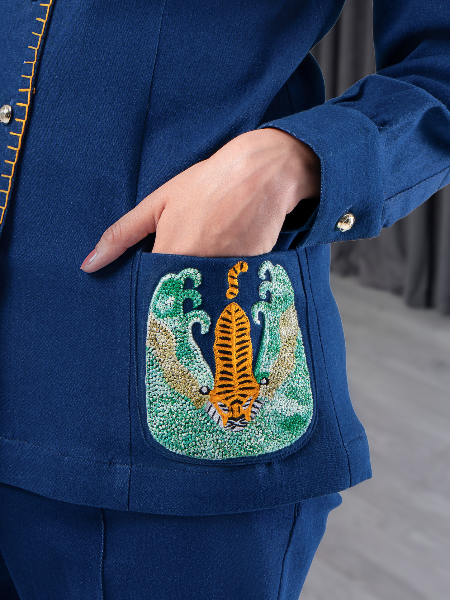 Navy Tiger French Knot Pocket Stretch Denim Coord Set