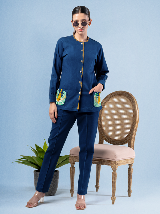 Navy Tiger French Knot Pocket Stretch Denim Coord Set