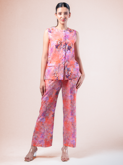 Watercolour Bloom Printed Linen Waistcoat Coord Set