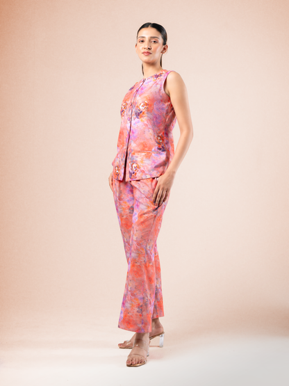 Watercolour Bloom Printed Linen Waistcoat Coord Set