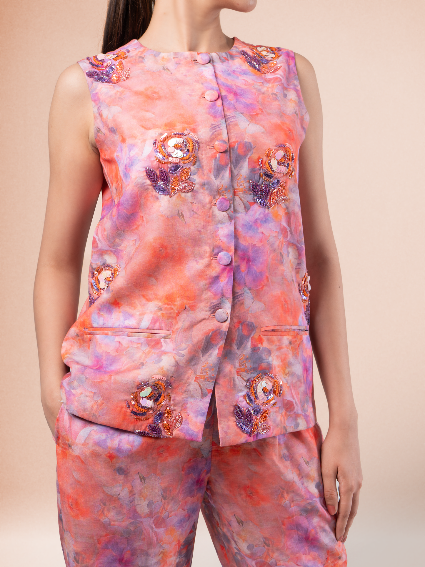 Watercolour Bloom Printed Linen Waistcoat Coord Set