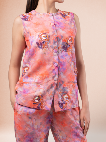 Watercolour Bloom Printed Linen Waistcoat Coord Set