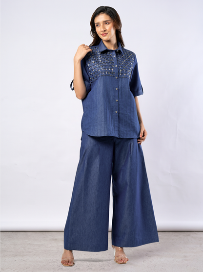 Denim Blue Bugle Bead & Crystal Yoke Embroidered Coord Set