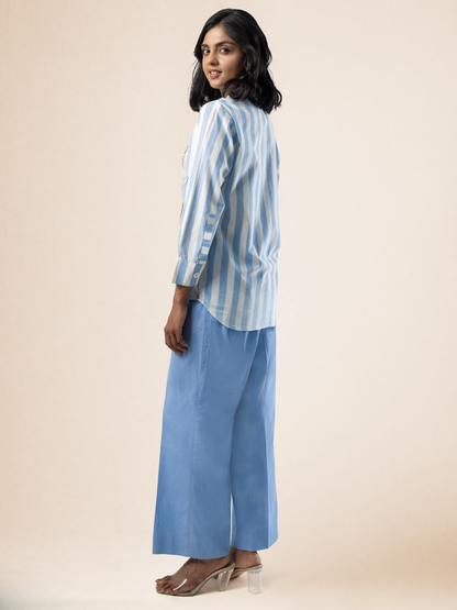 Sky Blue Stripe Long Sleeve 3D Cord Appliqué Coord Set